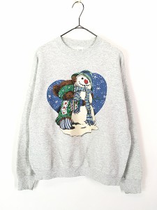 レディース 古着 90s くま ベア 雪だるま ２ショット ラメ プリント スウェット トレーナー L 古着