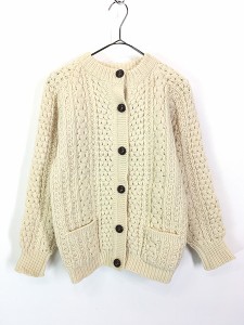 レディース 古着 80s Ireland製 Quills Woollen Market ポップコーン アラン フィッシャーマン ウール ハンド ニット カーディガン M位