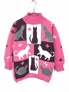 レディース 古着 80s Specially Hand Made 猫 ねこちゃん 蝶 アニマル ハイネック ハンド ニット セーター S位 古着