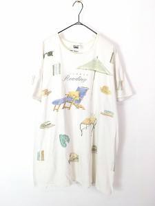 レディース 古着 90s USA製 「Summer Reading」 本 チェア パラソル プリント Tシャツ ワンピース ミニ丈 XL位 古着