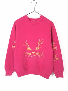 レディース 古着 90s USA製 猫 ねこちゃん アニマル フェイス ラメ プリント スウェット トレーナー M 古着