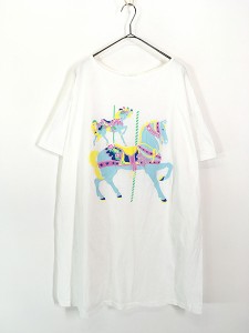 レディース 古着 80s USA製 メリーゴーランド 木馬 発泡 プリント Tシャツ ワンピース ひざ丈 XL位 古着