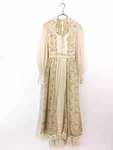 レディース 古着 70s USA製 GUNNE SAX 花柄 レース セーラーカラー 長袖 パフスリーブ ワンピース ドレス ロング丈 L位 古着