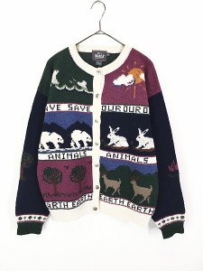 レディース 古着 90s WoolRich 「SAVE OUR ANIMAL EARTH」 アニマル 地球 ウール ニット カーディガン XL 古着