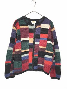 レディース 古着 90s Talbots カラフル ブロック フルジップ 麻 コットン ハンド ニット カーディガン M 古着