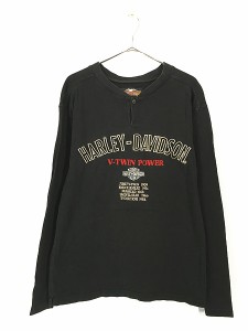 古着 HARLEY DAVIDSON ロゴ 刺しゅう 1つ ボタン ヘンリー 長袖 Tシャツ ロンT XS 古着