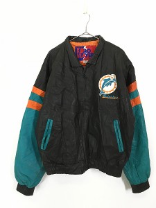 古着 90s NFL Miami Dolphins ドルフィンズ 両面 刺しゅう パデッド オール レザー スタジャン ジャケット L 古着