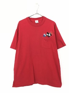 古着 90s Disney ミッキー ミニー 刺しゅう ポケット Tシャツ ポケT XL 古着
