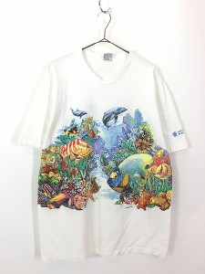 古着 90s USA製 カラフル 熱帯魚 おさかな 両面 アート Tシャツ XL 古着