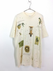 「Deadstock」 古着 90s USA製 rel e vant 鳥 小鳥 エサ 卵 花 総柄 アート Tシャツ L