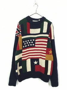 古着 90s American Eagle 国旗 星条旗 フラッグ パターン ウール ニット セーター M