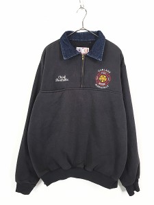 古着 90s USA製 OAKLAND FIRE DEPT デニム パッチ & 襟 ハーフジップ ファイヤーマン スウェット XL