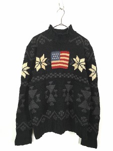 古着 90s POLO SPORT Ralph Lauren 星条旗 フラッグ 雪柄 ハイネック コットン リネン ニット セーター M 古着