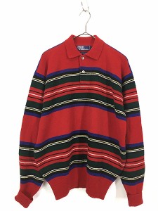 古着 90s Polo Ralph Lauren マルチ ボーダー 襟付き 上質 ラムウール ニット セーター L 古着