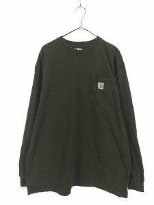 古着 Carhartt 無地 ソリッド ポケット付 長袖 Tシャツ ロンT ポケT 深緑 L 古着