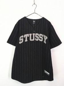 古着 Stussy フェルト パッチ ストライプ ウール 半袖 ベースボール シャツ M 古着