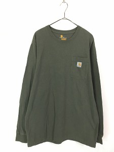 古着 Carhartt 無地 ソリッド ポケット付 長袖 Tシャツ ロンT ポケT 深緑 M 古着