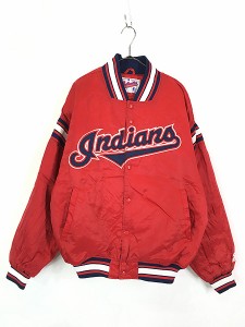 古着 90s MLB Cleveland Indians インディアンズ 光沢 サテン スタジャン ジャケット L 古着