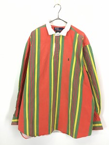 古着 90s Polo Ralph Lauren 裾ラウンド マルチ ストライプ 100%コットン プルオーバー シャツ XL 古着