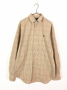 古着 90s Ralph Lauren 「BRADFORD」 エルボーパッチ ギンガム チェック ワイドカラー シャツ 茶 M 古着