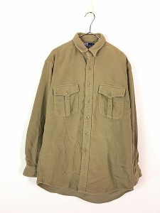 古着 90s Polo Ralph Lauren 「SAFARI」 ソリッド ヘビー モールスキン ワーク シャツ カーキ M 古着