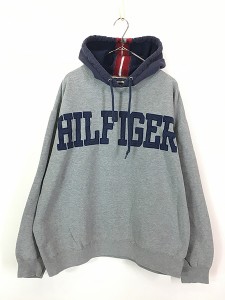 古着 90s TOMMY HILFIGER BIG ロゴ パッチ レイヤード スウェット パーカー XL 古着?@