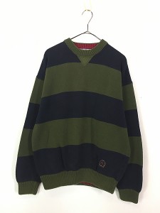 古着 90s TOMMY HILFIGER エンブレム 刺しゅう 太ピッチ ボーダー コットン ニット セーター XL 古着