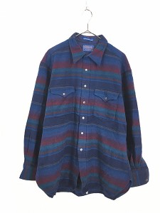 古着 80s USA製 Pendleton 「High Grade Western Wear」 マルチ ボーダー ウール シャツ XL