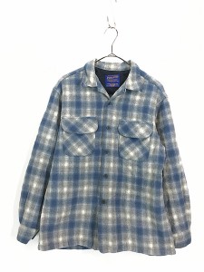 古着 00s Pendleton ブルー オンブレ シャドー チェック 開襟 ボックス ウール シャツ M