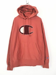 古着 Champion Reverse Weave ロゴ BIG パイル ワッペン リバース スウェット パーカー ピンク L 古着