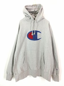 古着 Champion Reverse Weave ロゴ BIG パイル ワッペン リバース スウェット パーカー グレー L 古着