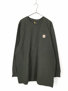 古着 Carhartt 無地 ソリッド ポケット付 長袖 Tシャツ ロンT ポケT 深緑 L Tall 古着