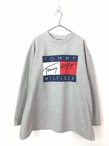 古着 90s USA製 TOMMY HILFIGER フラッグ ロゴ リブなし スウェット トレーナー XL 古着