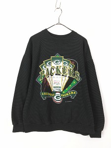 古着 90s USA製 NFL Green Bay Packers パッカーズ 「Official Fan」 ボーダー スウェット トレーナー XL 古着