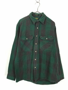 古着 80s USA製 Oshkosh B'gosh グリーン バッファロー チェック ヘビー フランネル シャツ ヘビネル L