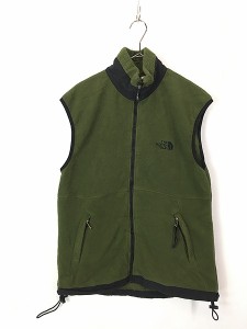 古着 90s TNF The NorthFace 黄緑×黒 ロゴ 刺しゅう フリース ベスト S 古着