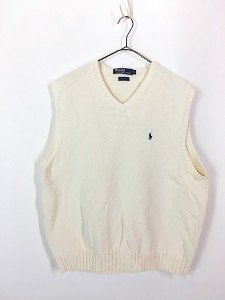 古着 Polo Ralph Lauren ワンポイント Vネック コットン ニット ベスト 白 XL 古着