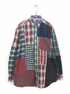 古着 90s TOMMY HILFIGER チェック マルチ パッチワーク BD シャツ S 古着