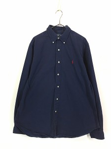 古着 90s Ralph Lauren 「CLASSIC FIT」 ワンポイント ソリッド BD シャツ 紺 L 古着