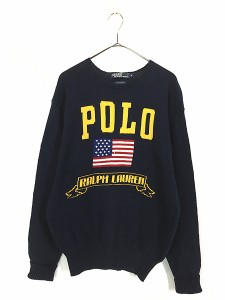 古着 90s Polo Ralph Lauren 星条旗 フラッグ コットン ライト ニット セーター M 古着