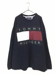 古着 90s USA製 TOMMY HILFIGER フラッグ BIG ロゴ ライト スウェット トレーナー XL 古着