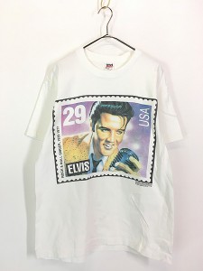 古着 90s USA製 Elvis Presley 切手 フォト ロカビリー ロック Tシャツ L
