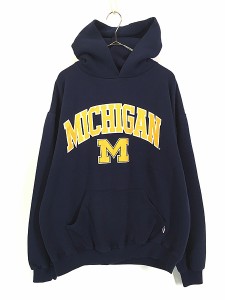 古着 00s Russell 「MICHIGAN」 カレッジ セットイン スウェット パーカー ネイビー L