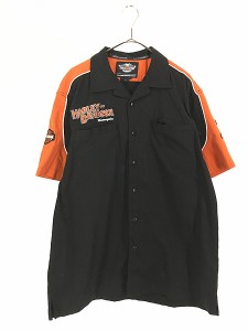 古着 HARLEY DAVIDSON シールド&バー 刺しゅう 「1」 パッチ 半袖 開襟 ボックス シャツ L 古着?@