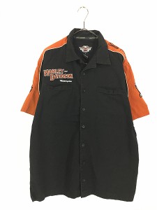 古着 HARLEY DAVIDSON シールド&バー 刺しゅう 「1」 パッチ 半袖 開襟 ボックス シャツ L 古着?A