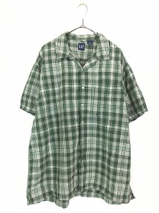 古着 90s GAP 開襟 ボックス コットン リネン チェック シャツ 半袖 L