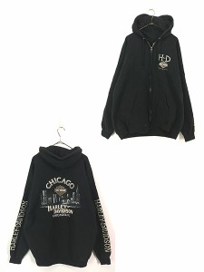 古着 HARLEY DAVIDSON 骨 ボーン BIG ロゴ スウェット ジップ パーカー XL 古着