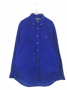 古着 90s Ralph Lauren 「BLAKE」 ワンポイント ソリッド 細畝 コーデュロイ BD シャツ 青 M 古着