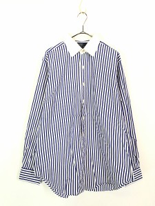 古着 Polo Ralph Lauren 「CURHAM」 青×白 ストライプ ワイドカラー クレリック シャツ 16 古着