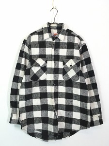 古着 80s Dickies 黒白 モノトーン ブロック チェック ヘビー フランネル シャツ ヘビネル M